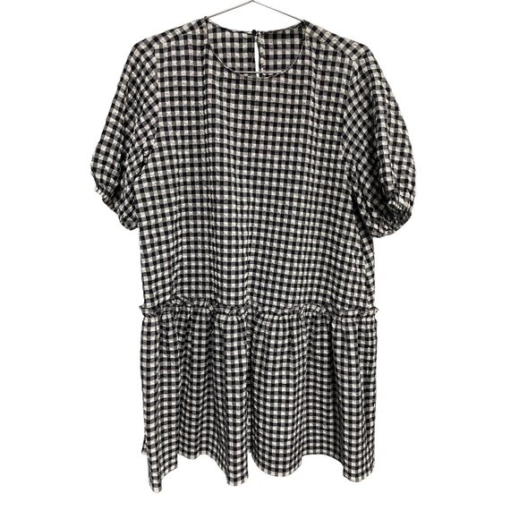 Zara Mini Dress Size XL Tiered Gingham Short Sleeve Textured Black White Ruffle - Picture 1 of 9